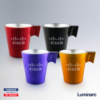 Set de 4 tasses expresso Luminarc 8 cl rouges, noires, violettes et dorées avec le logo Cisco