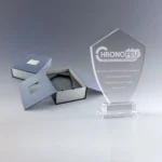 Trophée en verre avec gravure laser d’un logo d’entreprise et d’un message de remerciement.