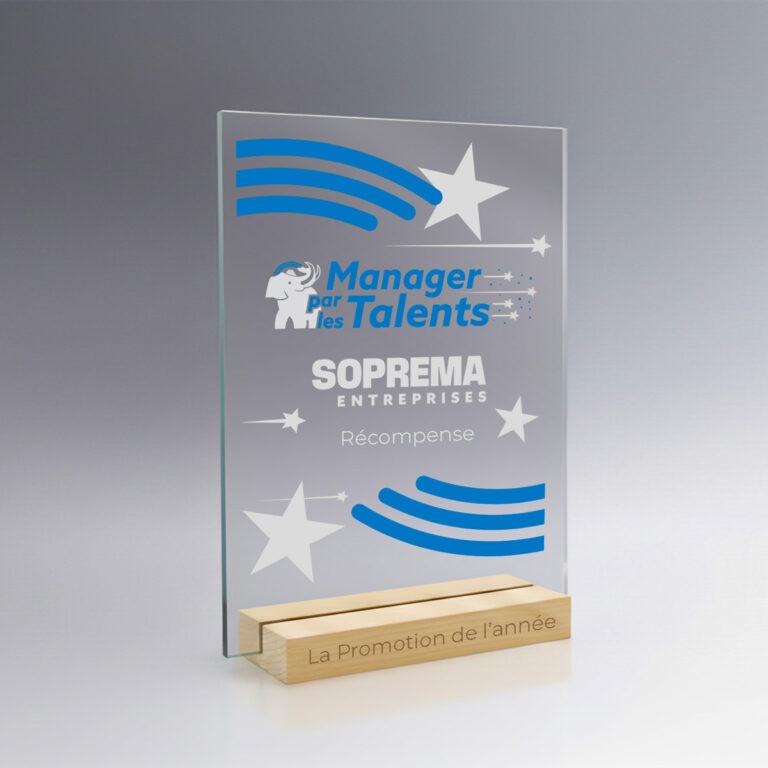 Trophée Corporate Plaque Verre et Socle Bois Trophée Grande Plaque personnalisé grande plaque en verre avec logo corporate en couleur et socle bois massif.
