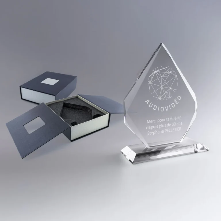 Trophée en verre en forme d’iceberg, gravé avec un message de fidélité pour plus de 30 ans de service.