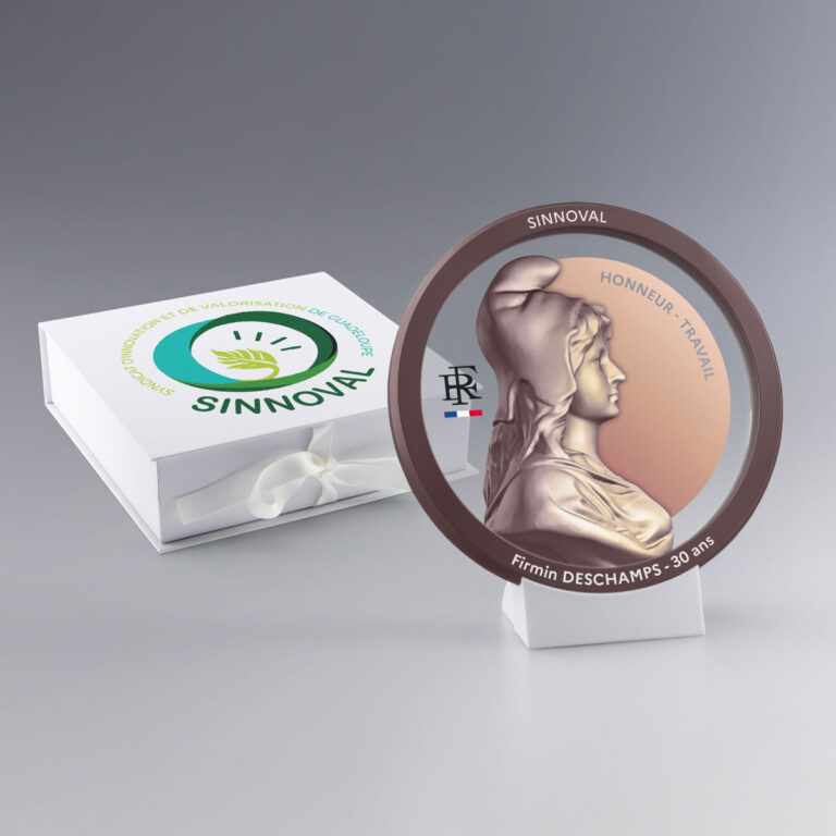 Grande Médaille du Travail Vermeil personnalisée, gravée avec nom et logo d’entreprise, sur socle et boîte cadeau.