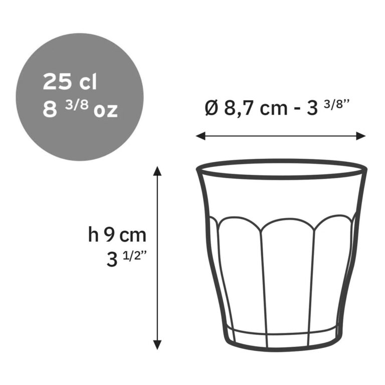 Dimensions du verre Duralex Picardie 25 cl : hauteur de 9 cm et diamètre de 8,7 cm.