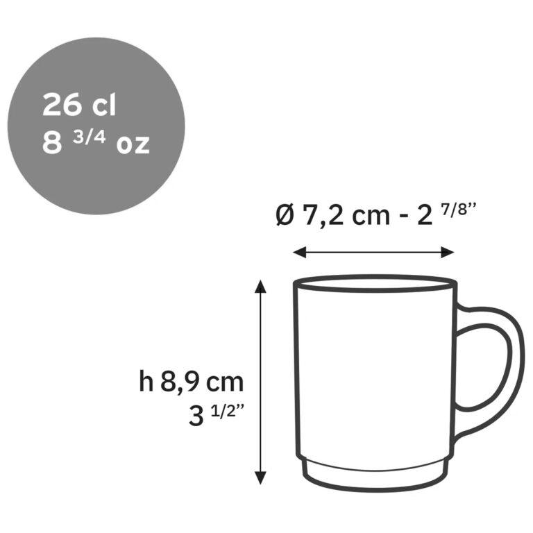Dimensions du mug Duralex Versailles 26 cl : hauteur de 8,9 cm et diamètre de 7,2 cm hors anse.