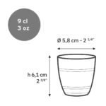 Dimensions du verre Duralex Gigogne 9 cl Dimensions du Duralex Gigogne 9 cl : hauteur de 6,1 cm et diamètre de 5,8 cm.