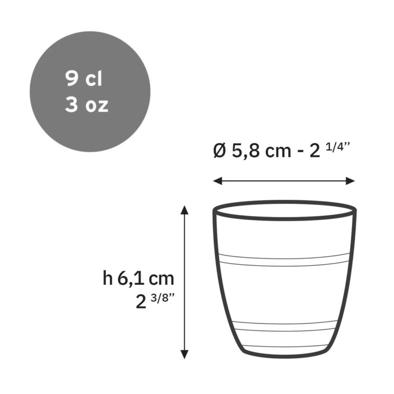 Dimensions du verre Duralex Gigogne 9 cl Dimensions du Duralex Gigogne 9 cl : hauteur de 6,1 cm et diamètre de 5,8 cm.