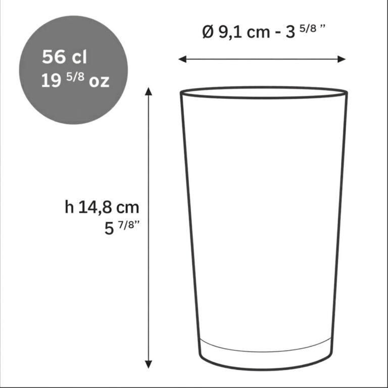 Dimensions du verre à bière Duralex Unie 56 cl Dimensions du verre à bière Duralex Unie 56 cl : hauteur de 14,8 cm et diamètre de 9,1 cm.