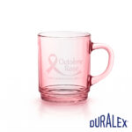 Mug Duralex Versailles 26 cl rose avec un ruban et les inscriptions « Octobre Rose » et « lutte contre le cancer du sein ».
