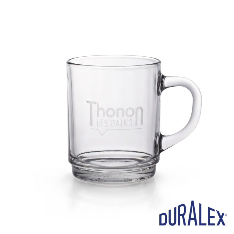 Mug Duralex Versailles 26 cl transparent avec le logo Thonon-les-Bains centré sur la face avant.