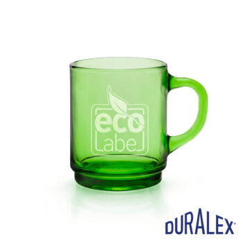 Mug Duralex Versailles 26 cl vert avec un motif « éco label » accompagné d’une feuille.