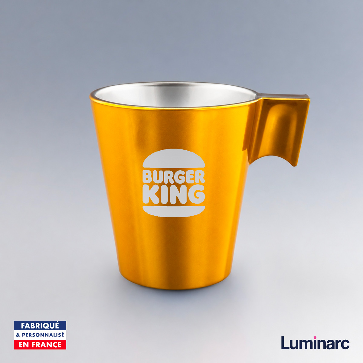 Tasse expresso Luminarc 8 cl or personnalisée Tasse expresso Luminarc 8 cl dorée personnalisée avec le logo Burger King