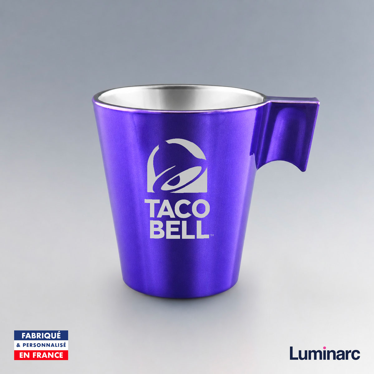 Tasse expresso Luminarc 8 cl violette personnalisée Tasse expresso Luminarc 8 cl violette personnalisée avec le logo Taco Bell