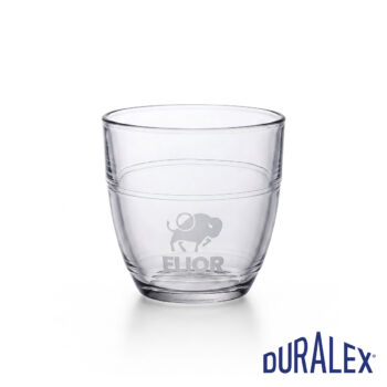 Verre Duralex Gigogne 22 cl transparent avec exemple de gravure du logo ELIOR sur la partie basse.