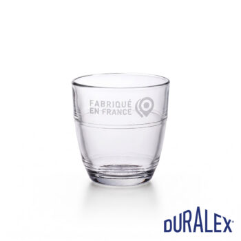 Verre Duralex Gigogne 9 cl transparent avec l’inscription « Fabriqué en France » et un pictogramme de localisation.