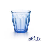 Verre Duralex Picardie 25 cl bleu marine avec le logo Danone en marquage clair sur la partie haute.