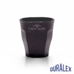 Verre Duralex Picardie 25 cl noir avec le logo Carte Noire sur la partie haute, au-dessus des facettes.