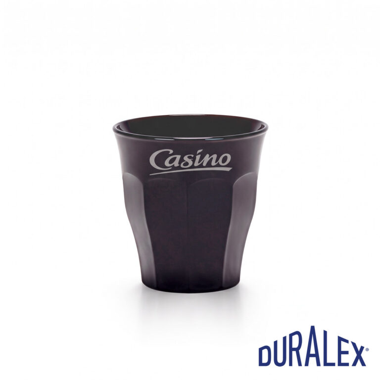 Duralex Picardie noir 9 cl — Gravure de logo Verre Duralex Picardie noir 9 cl avec le logo Casino en marquage clair sur la partie haute.