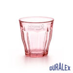 Verre Duralex Picardie 25 cl rose avec l’inscription Octobre Rose et un ruban sur la partie haute.