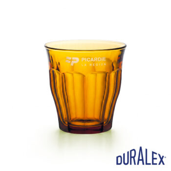 Verre Duralex Picardie 25 cl vermeil avec le logo Picardie La Région au-dessus des facettes.