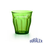 Verre Duralex Picardie 25 cl vert avec le logo Greenpeace et une silhouette d’oiseau sur la partie haute.