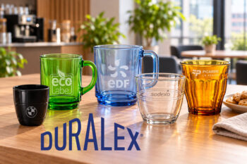 Cinq verres, tasse et mug Duralex noirs, transparents et colorés, avec des logos, disposés sur une table en bois.